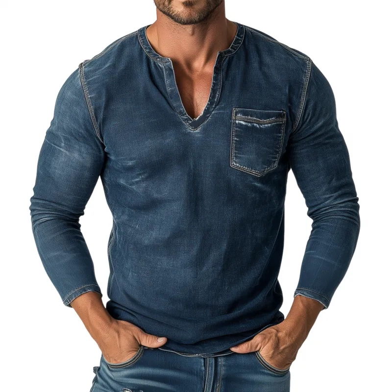Men's Vintage Washed Distressed V-Neck Patch Pocket Slim Fit Long Sleeve Denim T-Shirt MTA1141F2M sold by Manly