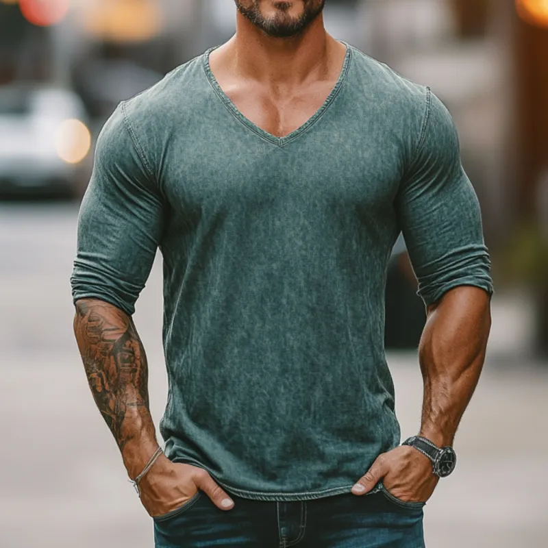 Men's Vintage Washed Distressed V-Neck Slim Fit Long Sleeve Denim T-Shirt MTA1155F8M sold by Manly product image thumbnail 2