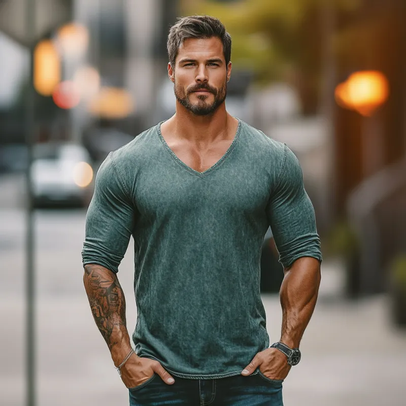 Men's Vintage Washed Distressed V-Neck Slim Fit Long Sleeve Denim T-Shirt MTA1155F8M sold by Manly product image thumbnail 3