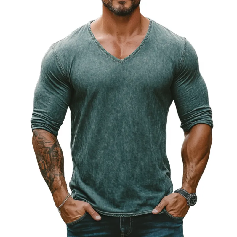 Men's Vintage Washed Distressed V-Neck Slim Fit Long Sleeve Denim T-Shirt MTA1155F8M sold by Manly