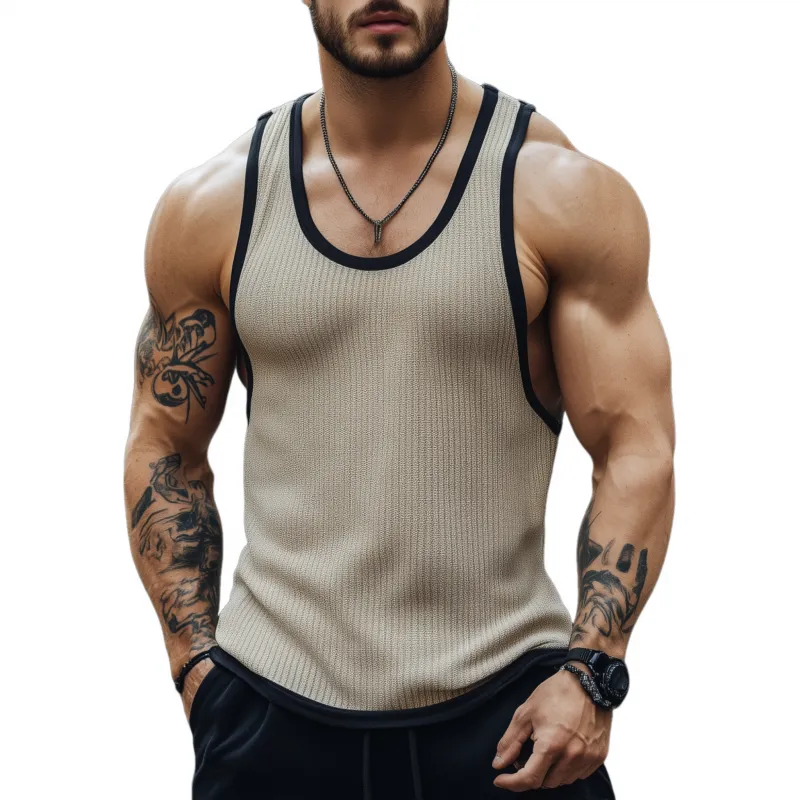 Men's Casual Breathable Cotton Blended Ribbed Contrast Trim Slim Fit Tank Top MTA1117F2M sold by Manly