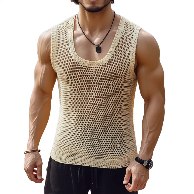 Men's Casual Breathable Cotton Blended U-Neck Hollow Knitted Tank Top MTA1182F5M sold by Manly