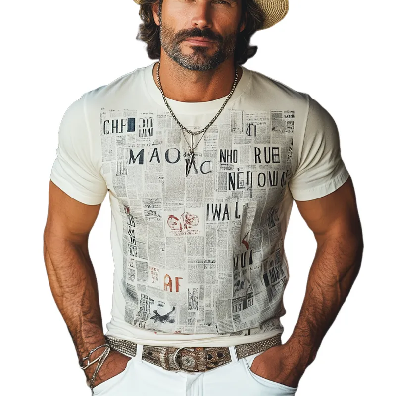 Men's Summer Fashion Newspaper Printed Round Neck Short Sleeve T-Shirt MTA1020F3U sold by Manly