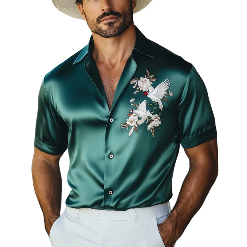 Men's Summer Satin Crane Embroidered Short Sleeve Shirt MTA1050F7U sold by Manly