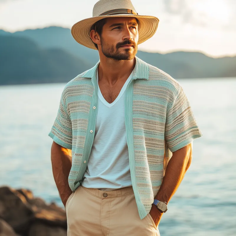 Men's Summer Fashion Colorblock Mesh Knit Short Sleeve Shirt MTA1223F3U sold by Manly product image thumbnail 2