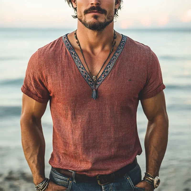 Men's Cotton And Linen V-Neck Embroidered Short-Sleeved T-Shirt MTA1248F7X sold by Manly product image thumbnail 3