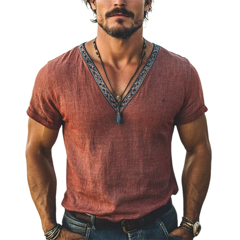 Men's Cotton And Linen V-Neck Embroidered Short-Sleeved T-Shirt MTA1248F7X sold by Manly