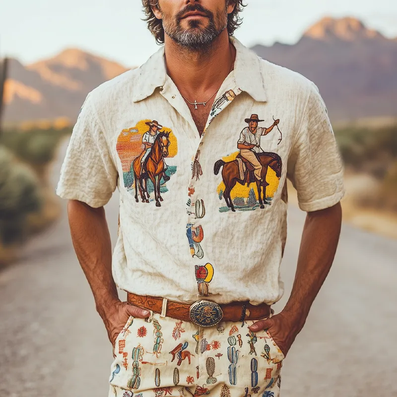 Men's Western Cowboy Print Short Sleeve Shirt MTA1069F3X sold by Manly product image thumbnail 3