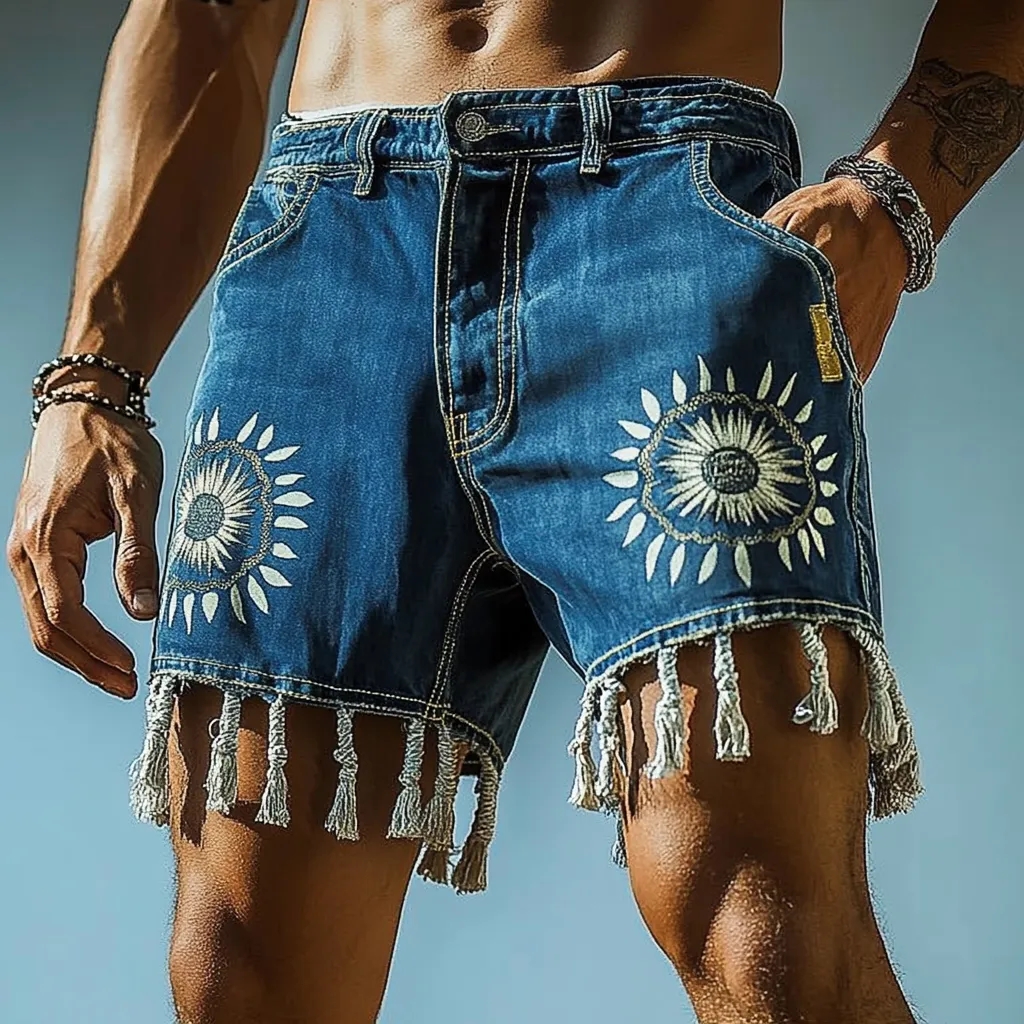 Men's Summer Fashion Printed Tassel Washed Denim Shorts MTA1158F7P sold by Manly product image thumbnail 2
