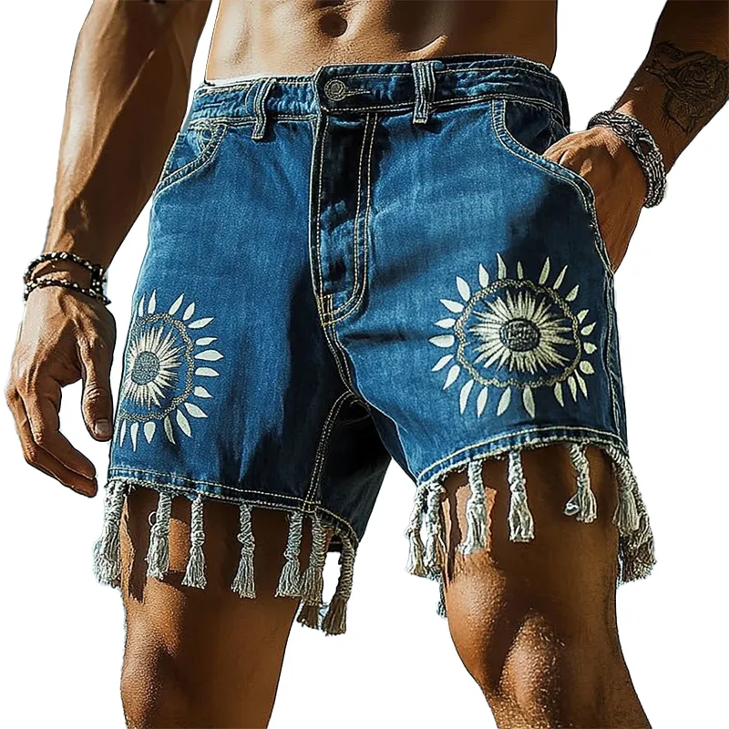 Men's Summer Fashion Printed Tassel Washed Denim Shorts MTA1158F7P sold by Manly