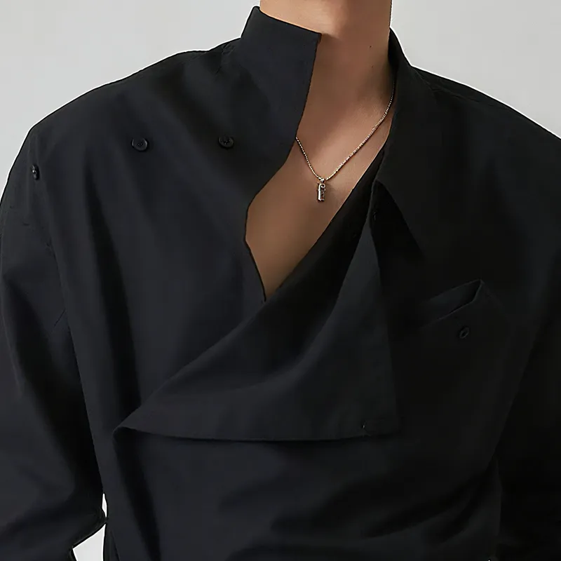 Men's Solid Color Stand Collar Side Placket Long Sleeve Vintage Shirt MTA1190F7Z sold by Manly product image thumbnail 3