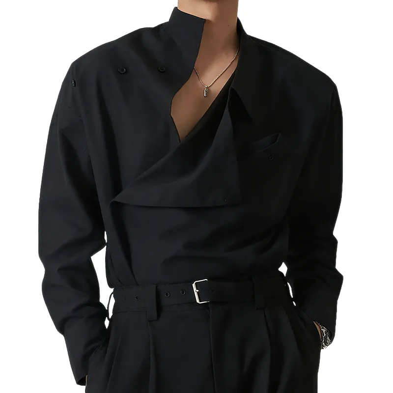 Men's Solid Color Stand Collar Side Placket Long Sleeve Vintage Shirt MTA1190F7Z sold by Manly