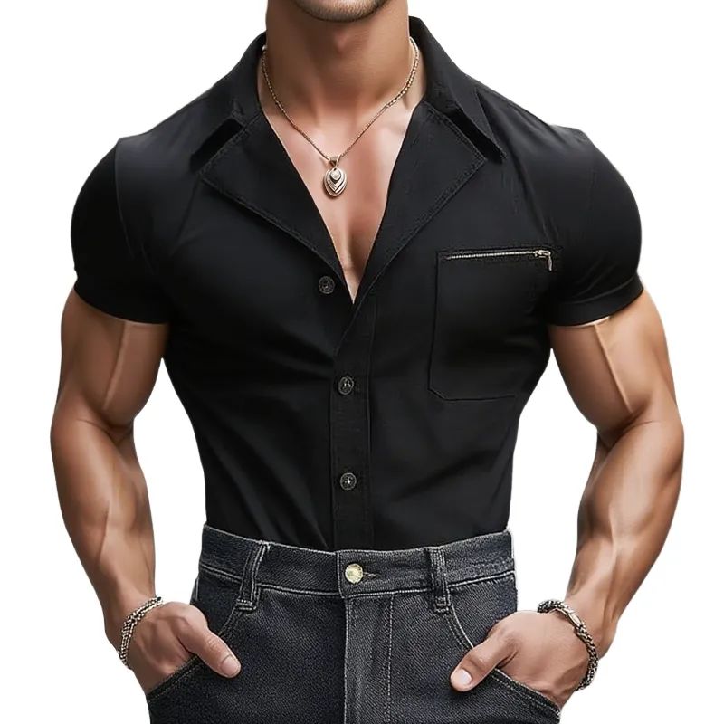 Men's Solid Color Lapel Chest Pocket Short Sleeve Cargo Shirt MTA1109F1Z sold by Manly