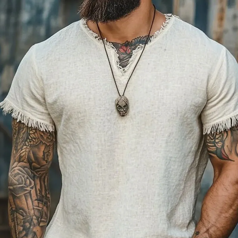 Men's Solid Color Raw Edge Small V Neck Short Sleeve Cotton And Linen T-shirt MTA1137F3Z sold by Manly product image thumbnail 3