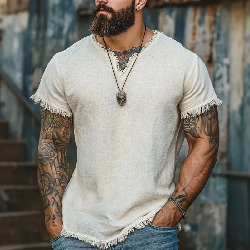 Men's Solid Color Raw Edge Small V Neck Short Sleeve Cotton And Linen T-shirt MTA1137F3Z sold by Manly product image thumbnail 2