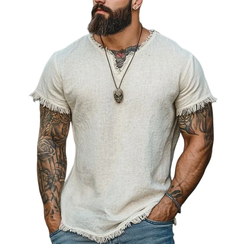 Men's Solid Color Raw Edge Small V Neck Short Sleeve Cotton And Linen T-shirt MTA1137F3Z sold by Manly