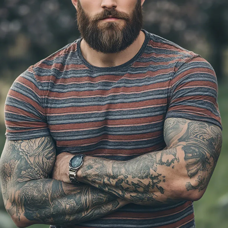 Men's Striped Round Neck Short Sleeve Casual T-shirt MTA1113F3Z sold by Manly product image thumbnail 3