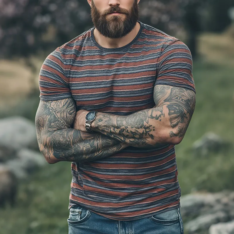 Men's Striped Round Neck Short Sleeve Casual T-shirt MTA1113F3Z sold by Manly product image thumbnail 2