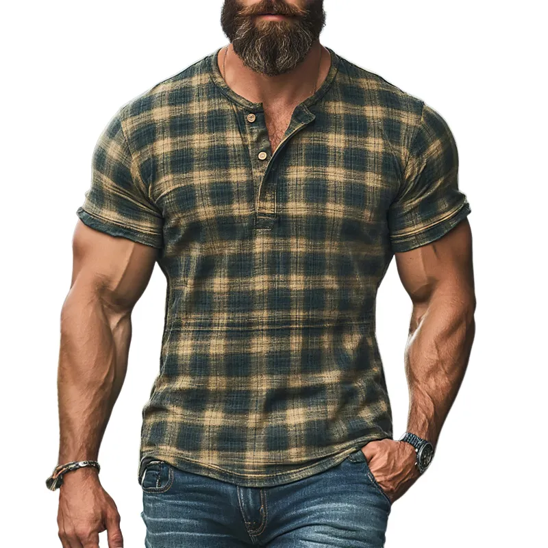 Men's Plaid Henley Collar Short Sleeve Casual T-shirt MTA1183F6Z sold by Manly