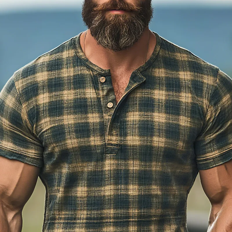 Men's Plaid Henley Collar Short Sleeve Casual T-shirt MTA1183F6Z sold by Manly product image thumbnail 3