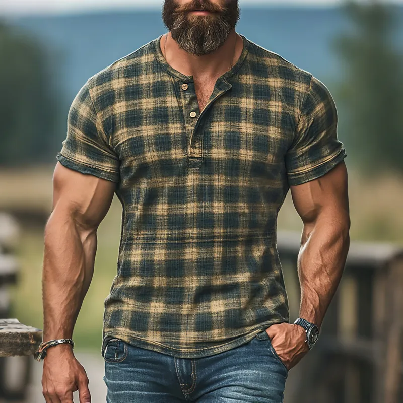 Men's Plaid Henley Collar Short Sleeve Casual T-shirt MTA1183F6Z sold by Manly product image thumbnail 2