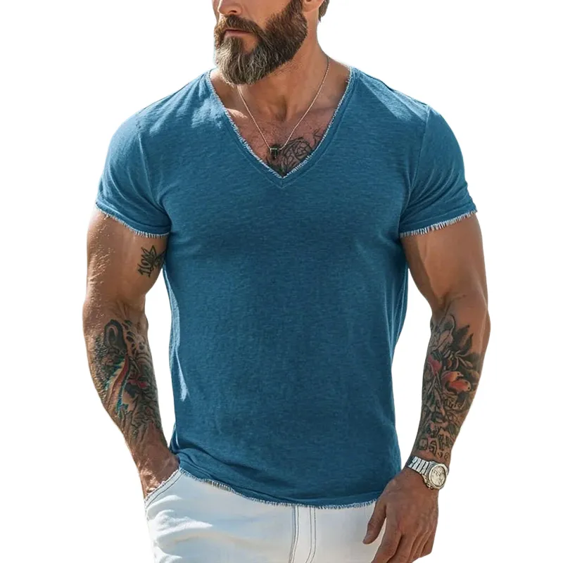 Men's Solid Color Raw Edge V Neck Short Sleeve T-shirt MTA1130F7Z sold by Manly