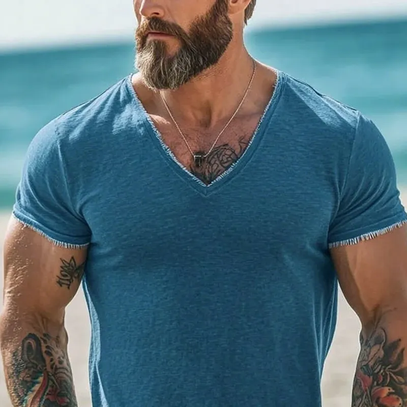 Men's Solid Color Raw Edge V Neck Short Sleeve T-shirt MTA1130F7Z sold by Manly product image thumbnail 3