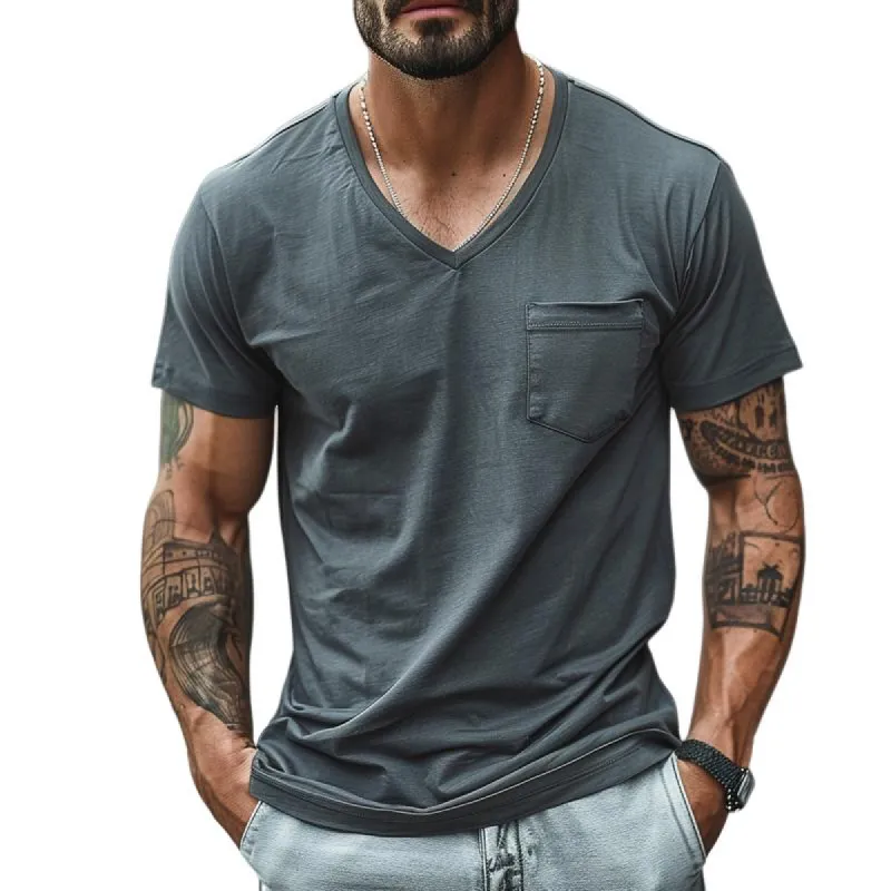 Men's Casual V-Neck Cotton Blend Patch Pocket Short Sleeve T-Shirt 63314600M sold by Manly