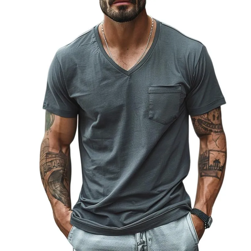 Men's Casual V-Neck Cotton Blend Patch Pocket Short Sleeve T-Shirt 63314600M sold by Manly