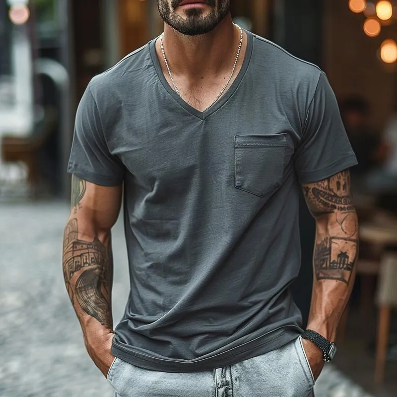 Men's Casual V-Neck Cotton Blend Patch Pocket Short Sleeve T-Shirt 63314600M sold by Manly product image thumbnail 2
