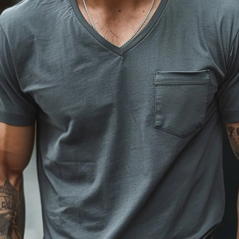 Men's Casual V-Neck Cotton Blend Patch Pocket Short Sleeve T-Shirt 63314600M sold by Manly product image thumbnail 3