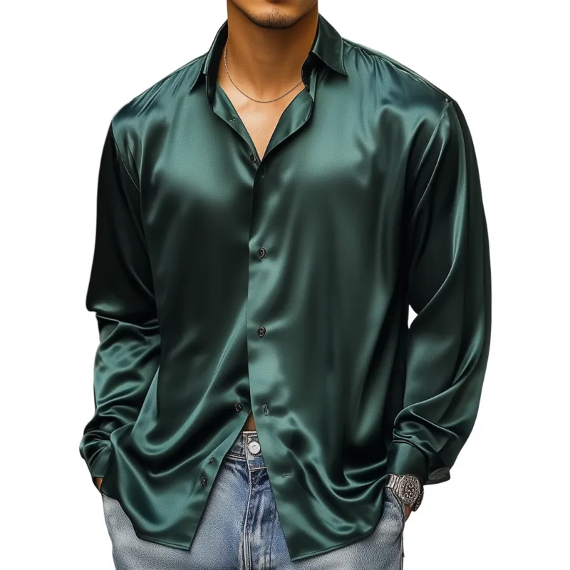 Men's Vintage Elegant Solid Color Breathable Satin Lapel Loose Long Sleeve Shirt MTA1648F0M sold by Manly