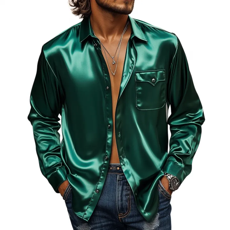 Men's Vintage Elegant Solid Color Breathable Satin Lapel Chest Pocket Loose Long Sleeve Shirt MTA1669F0M sold by Manly