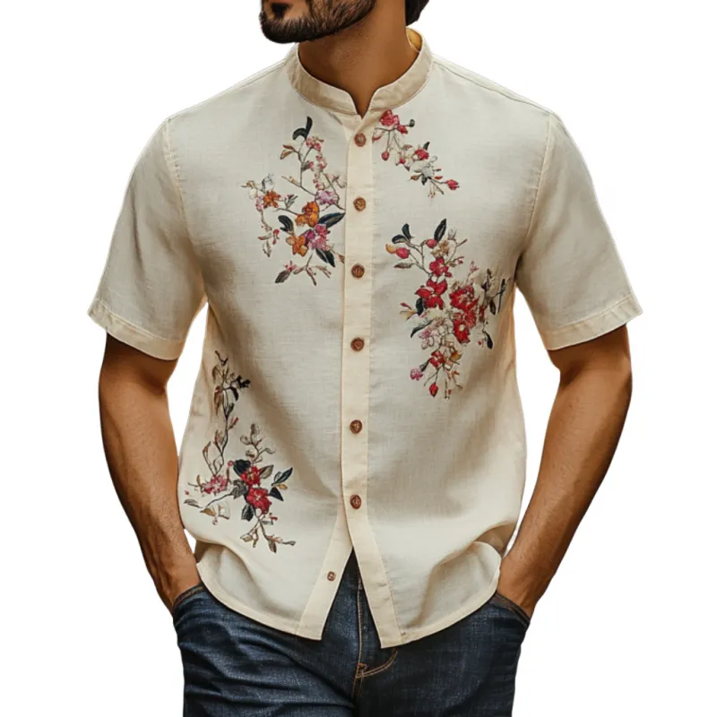 Men's Vintage Flower Embroidery Breathable Linen Stand Collar Slim Fit Short Sleeve Shirt MTA1625F6M sold by Manly