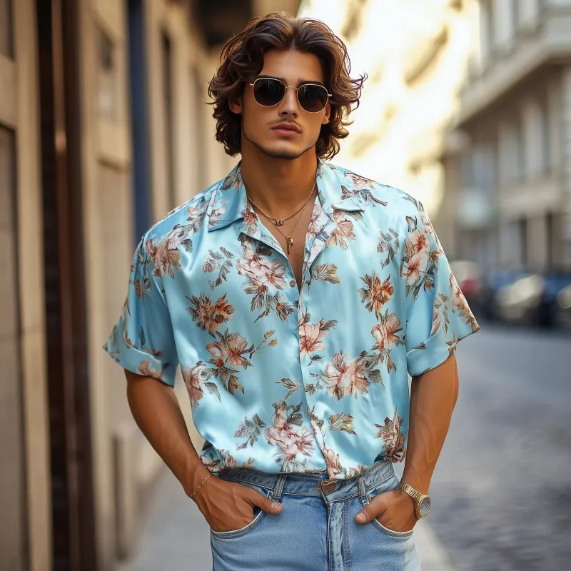 Men's Retro Elegant Flower Print Satin Lapel Loose Short Sleeve Shirt MTA1641F4M sold by Manly product image thumbnail 3