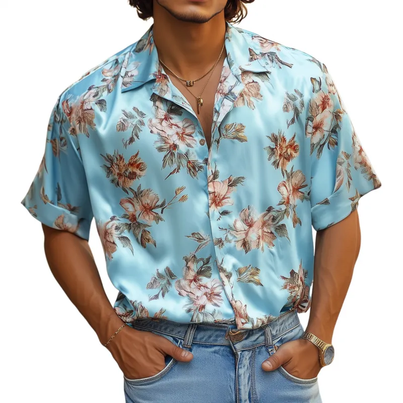 Men's Retro Elegant Flower Print Satin Lapel Loose Short Sleeve Shirt MTA1641F4M sold by Manly