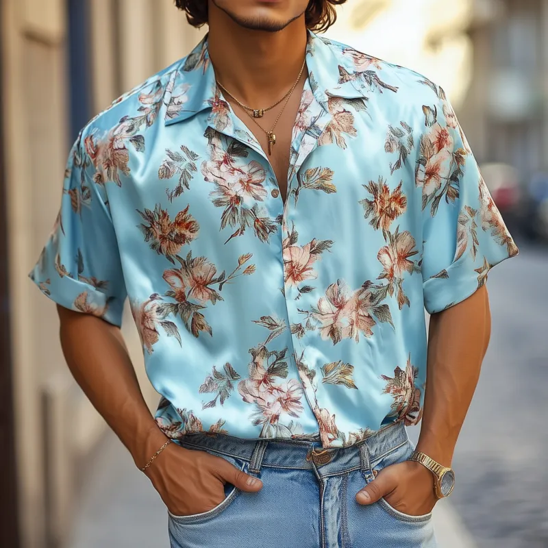 Men's Retro Elegant Flower Print Satin Lapel Loose Short Sleeve Shirt MTA1641F4M sold by Manly product image thumbnail 2