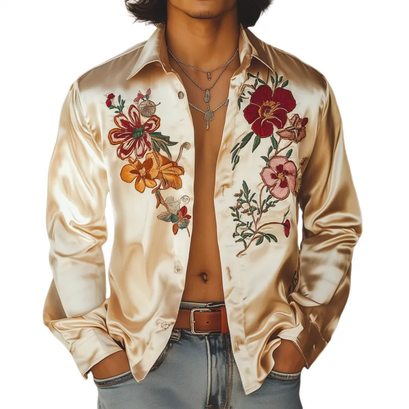 Men's Vintage Elegant Flower Embroidery Satin Lapel Loose Long Sleeve Shirt MTA1655F8M sold by Manly