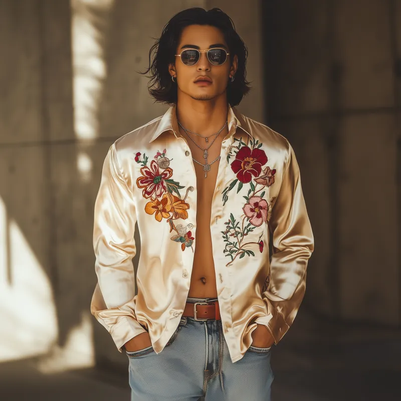 Men's Vintage Elegant Flower Embroidery Satin Lapel Loose Long Sleeve Shirt MTA1655F8M sold by Manly product image thumbnail 3