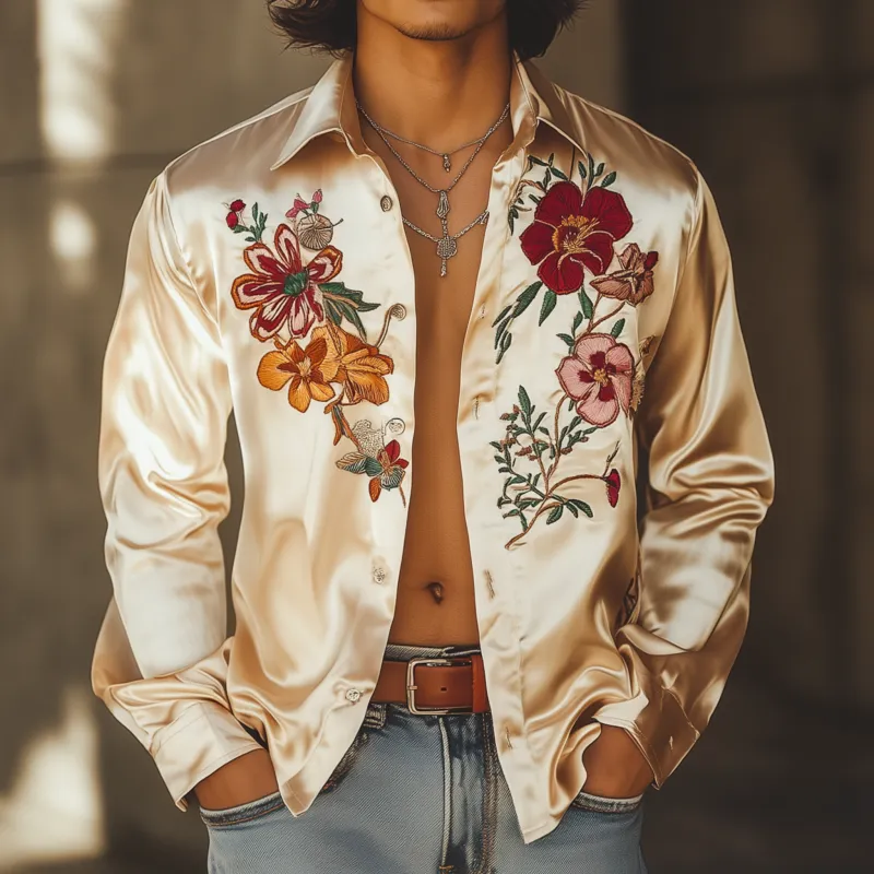Men's Vintage Elegant Flower Embroidery Satin Lapel Loose Long Sleeve Shirt MTA1655F8M sold by Manly product image thumbnail 2