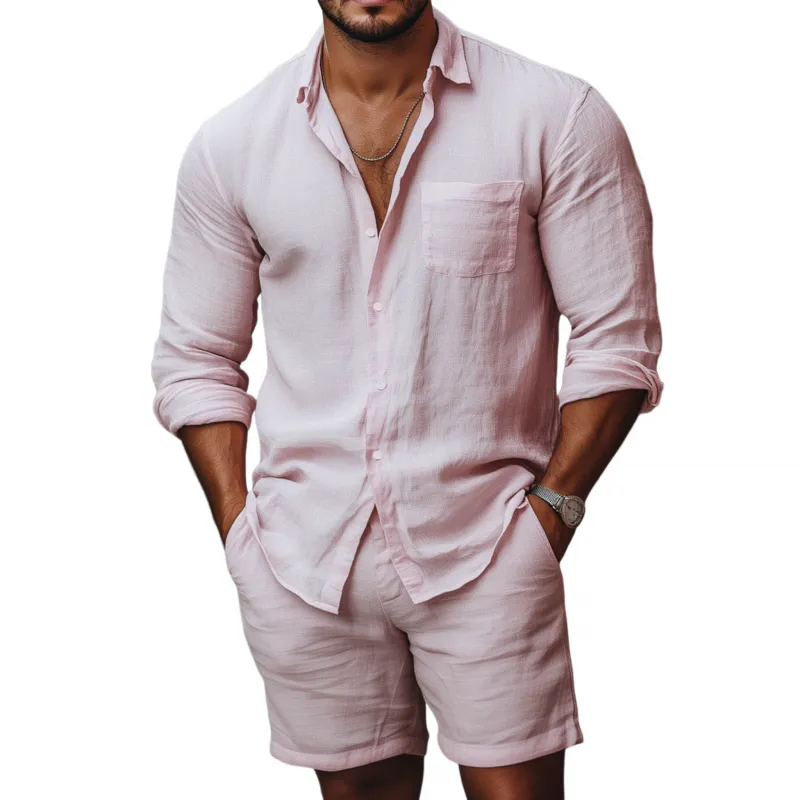 Men's Casual Breathable Solid Color Linen Lapel Patch Pocket Long Sleeve Shirt Loose Shorts Set MTA1311F5M sold by Manly
