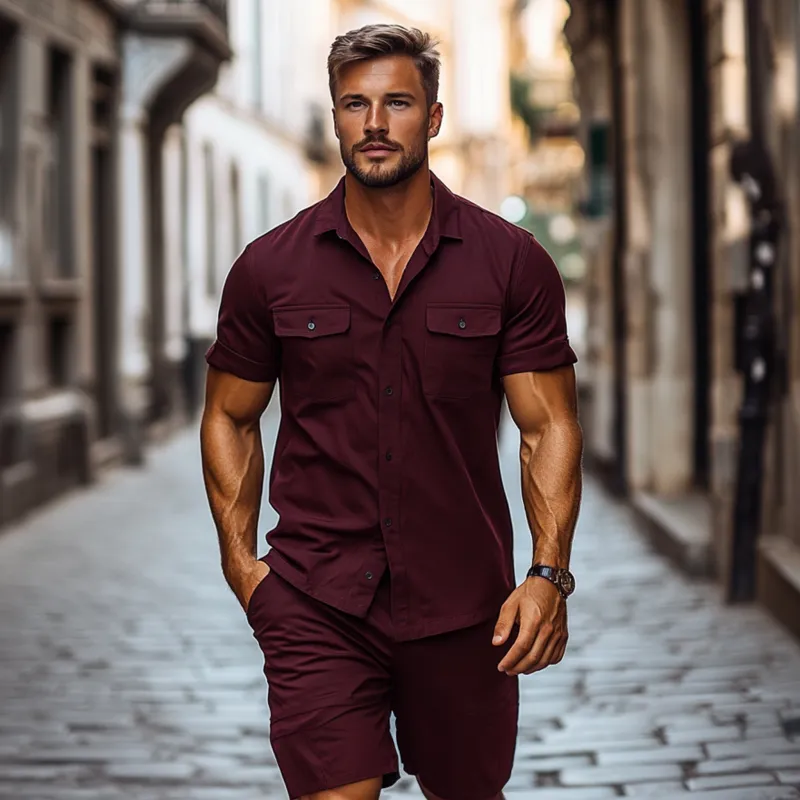 Men's Casual Breathable Cotton Lapel Chest Pocket Loose Short Sleeve Shirt Elastic Waist Shorts Set MTA1315F6M sold by Manly product image thumbnail 3