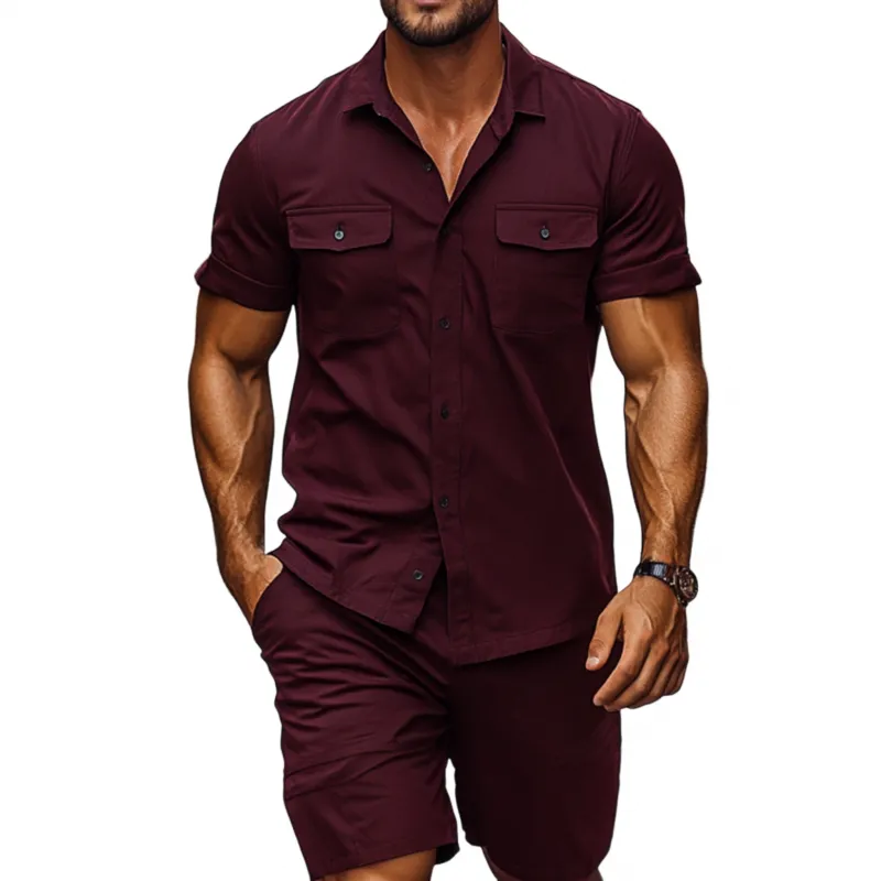 Men's Casual Breathable Cotton Lapel Chest Pocket Loose Short Sleeve Shirt Elastic Waist Shorts Set MTA1315F6M sold by Manly