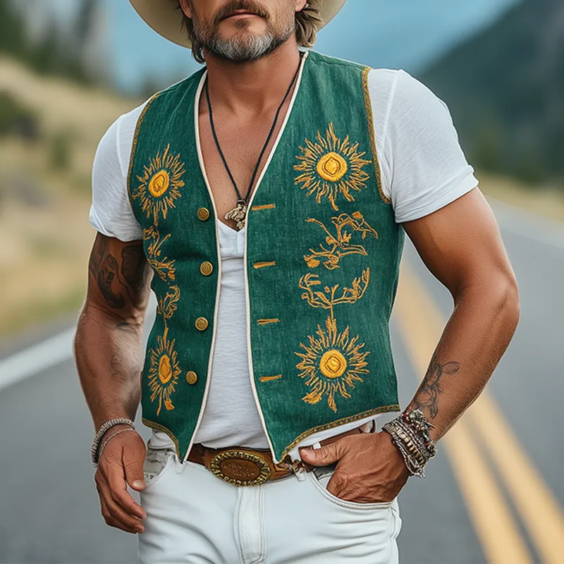 Men's Casual Retro American Western Style Cotton And Linen Embroidered Single Breasted Vest MTA1669F4K sold by Manly product image thumbnail 2