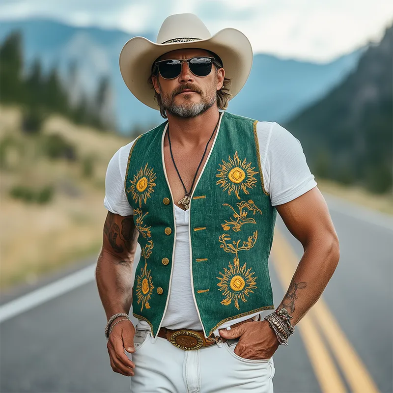 Men's Casual Retro American Western Style Cotton And Linen Embroidered Single Breasted Vest MTA1669F4K sold by Manly product image thumbnail 3