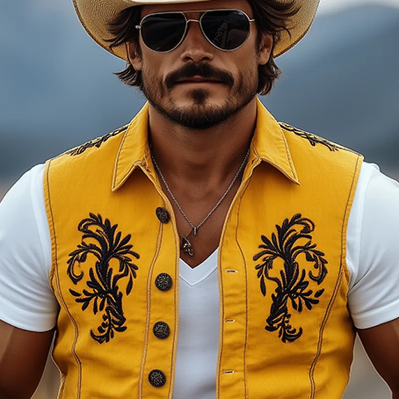 Men's Casual Retro American Western Style Cotton And Linen Embroidered Lapel Slim Fit Single-breasted Vest MTA1647F8K sold by Manly product image thumbnail 4