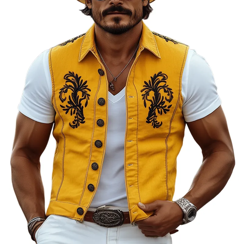 Men's Casual Retro American Western Style Cotton And Linen Embroidered Lapel Slim Fit Single-breasted Vest MTA1647F8K sold by Manly