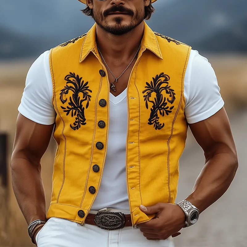 Men's Casual Retro American Western Style Cotton And Linen Embroidered Lapel Slim Fit Single-breasted Vest MTA1647F8K sold by Manly product image thumbnail 2