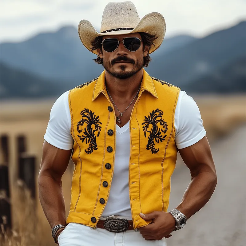 Men's Casual Retro American Western Style Cotton And Linen Embroidered Lapel Slim Fit Single-breasted Vest MTA1647F8K sold by Manly product image thumbnail 3