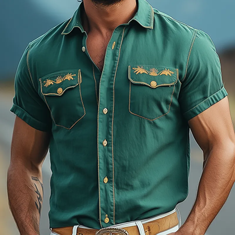 Men's Casual American Western Tough Style Cotton Blend Embroidered Slim Short Sleeve Shirt MTA1639F7K sold by Manly product image thumbnail 5
